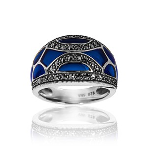 Blue Enamel and Marcasite 10-window Domed Ring